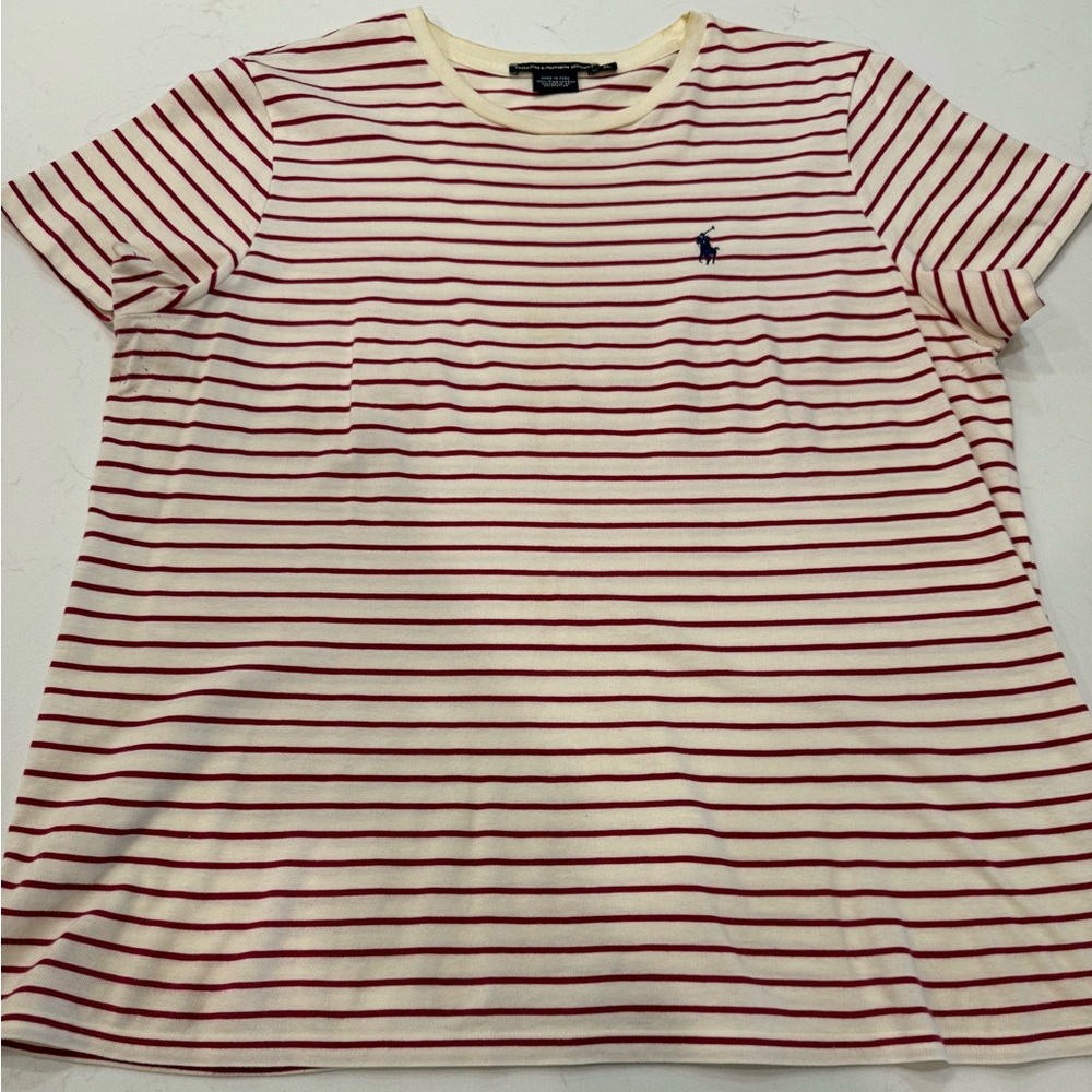 EUC Ralph Lauren Sport Cream and Dark Pink Stripe Crew Neck